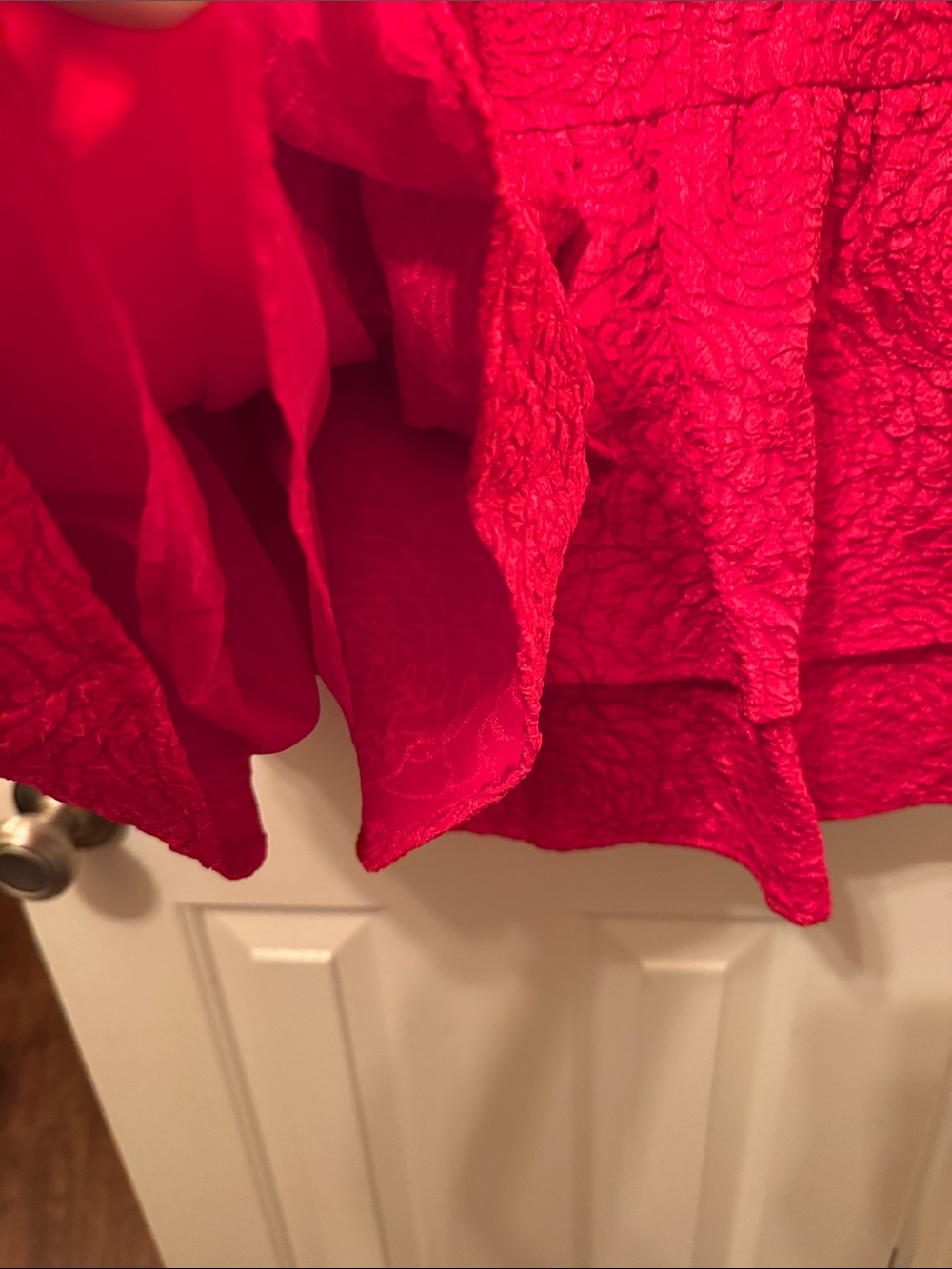 Embellished Neck Red Textured Ruffle Dress - Picture 4 of 6